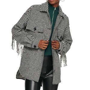 NEW Black & White houndstooth jacket with fringe and pockets Large NWT